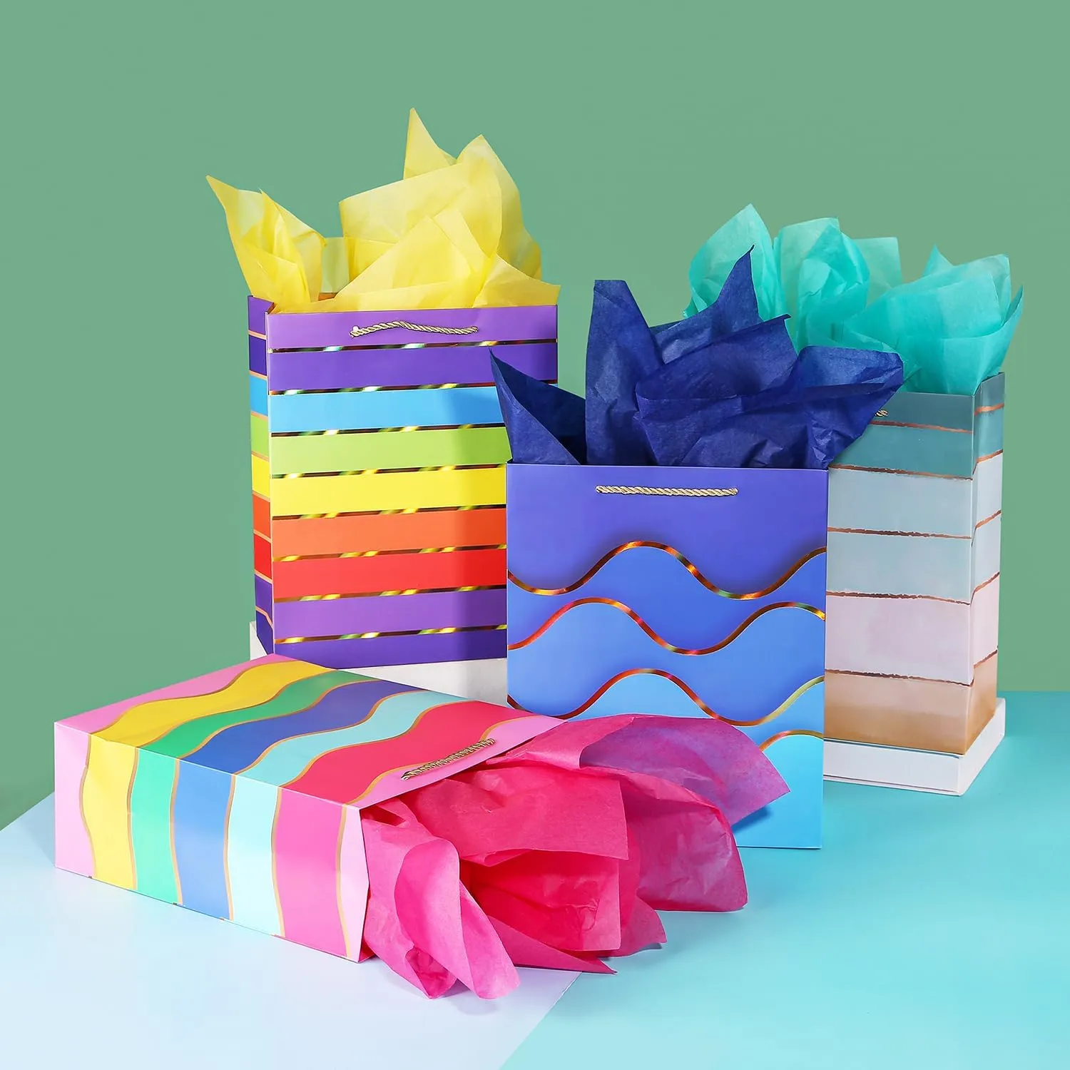 Cmecial 12.6" Paper Gift Bags with Tissue Paper, Extra Large Gift Bags with Handles, Birthday Rainbow Bag Large Size, Medium Birthday Bags Wrap Bag for Kids