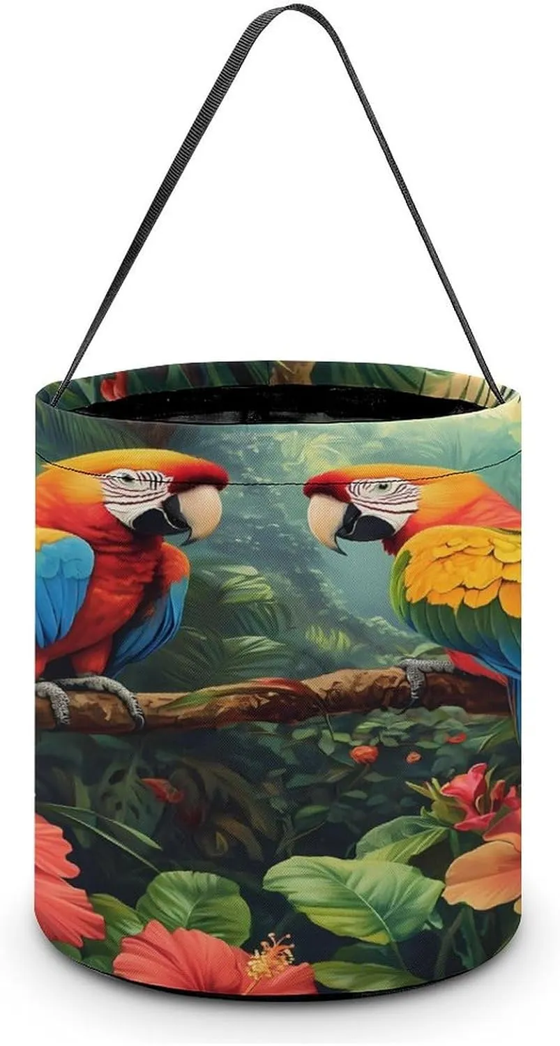 Colorful Parrot Standing on Branch Halloween Candy Bag Candy Tote Bucket Gift Bags Party Supplies for Women Men