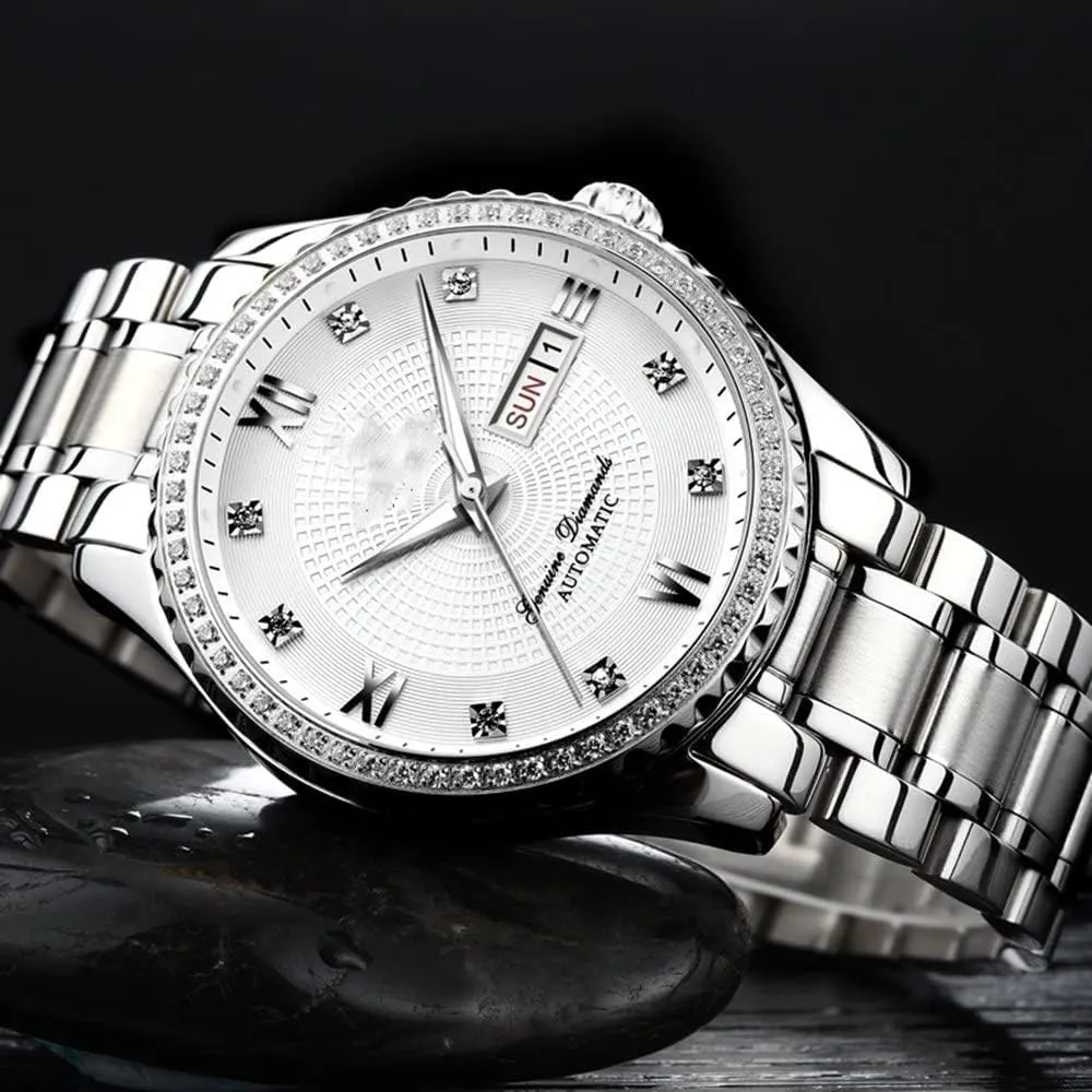 Couples Automatic Self-Wind Watches Calendar Date Luxury Stainless Steel Men and Women Pair Watches His and Hers Automatic Watch Gifts Set of 2