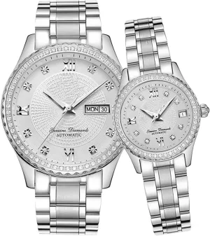 Couples Automatic Self-Wind Watches Calendar Date Luxury Stainless Steel Men and Women Pair Watches His and Hers Automatic Watch Gifts Set of 2