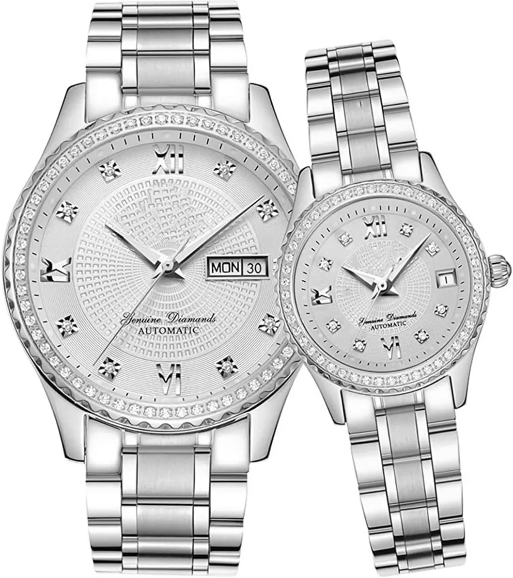 Couples Automatic Self-Wind Watches Calendar Date Luxury Stainless Steel Men and Women Pair Watches His and Hers Automatic Watch Gifts Set of 2