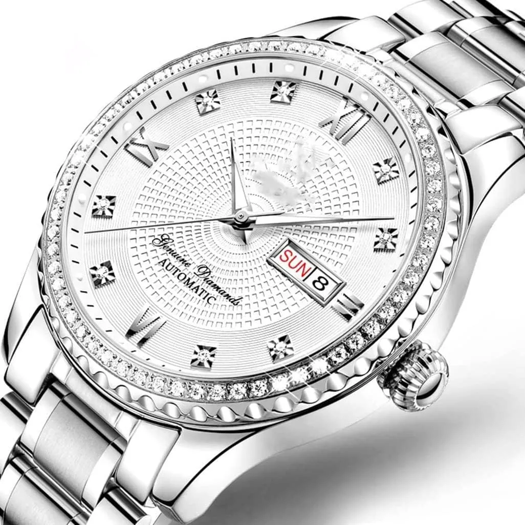 Couples Automatic Self-Wind Watches Calendar Date Luxury Stainless Steel Men and Women Pair Watches His and Hers Automatic Watch Gifts Set of 2