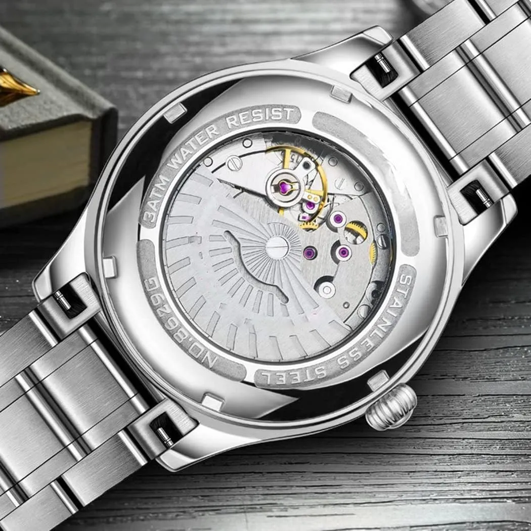 Couples Automatic Self-Wind Watches Calendar Date Luxury Stainless Steel Men and Women Pair Watches His and Hers Automatic Watch Gifts Set of 2