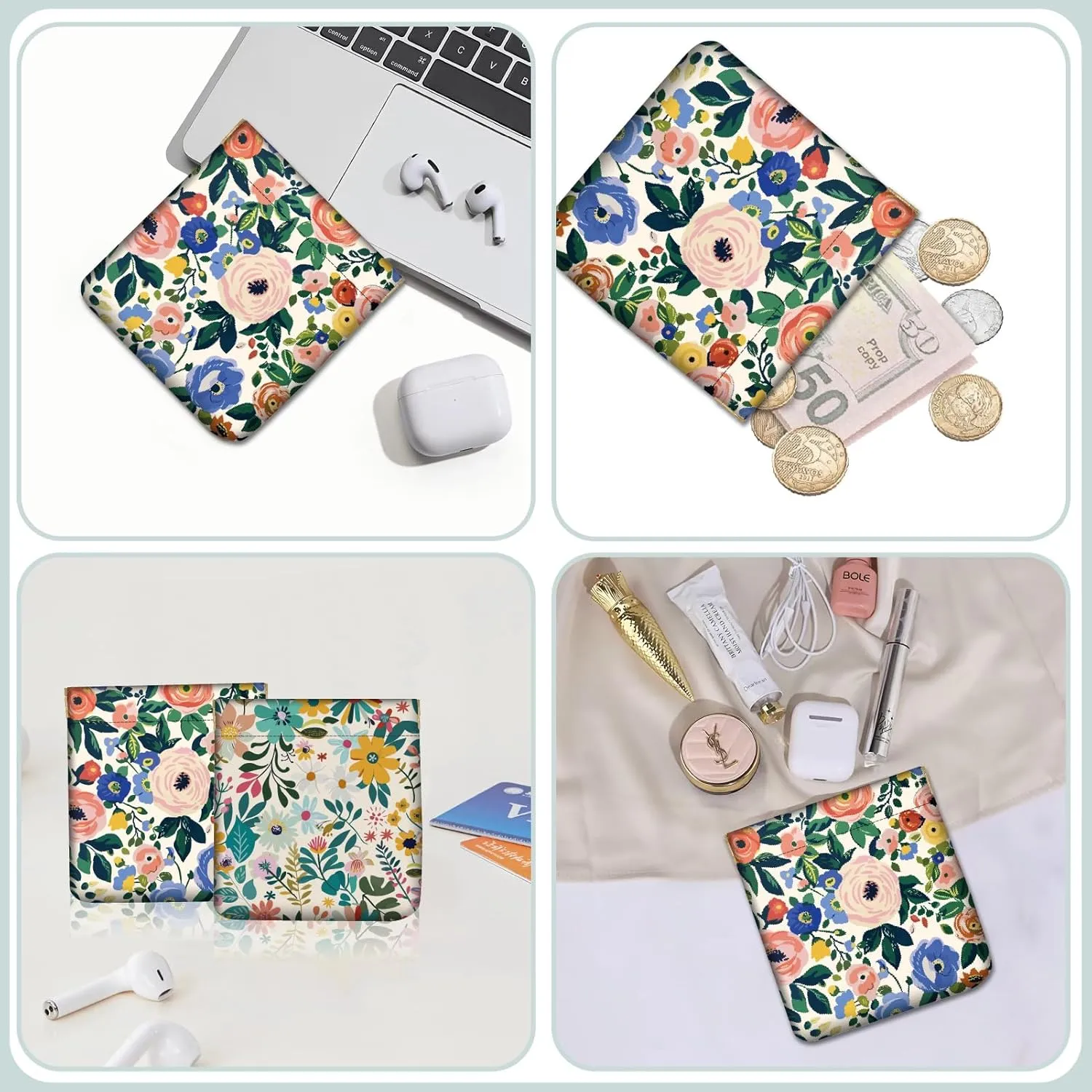 CREATCABIN 2Pcs Snap Closure Organizer Pouch Cosmetic Bag for Women Portable No Zipper Self-Closing Flowers Wallet Mini Travel Storage Pouches Waterproof Leather Small Makeup Bag for Purse 4.3x4.7Inch