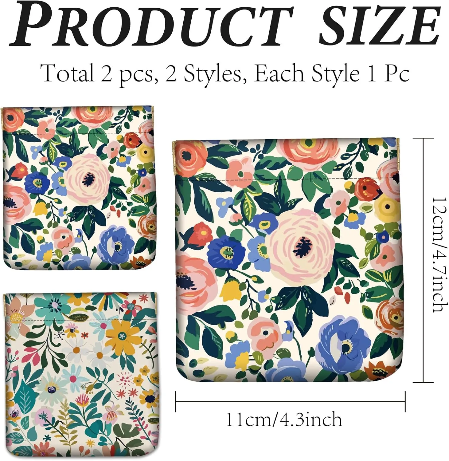 CREATCABIN 2Pcs Snap Closure Organizer Pouch Cosmetic Bag for Women Portable No Zipper Self-Closing Flowers Wallet Mini Travel Storage Pouches Waterproof Leather Small Makeup Bag for Purse 4.3x4.7Inch