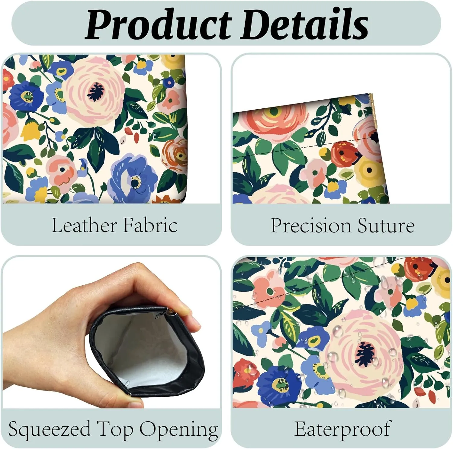 CREATCABIN 2Pcs Snap Closure Organizer Pouch Cosmetic Bag for Women Portable No Zipper Self-Closing Flowers Wallet Mini Travel Storage Pouches Waterproof Leather Small Makeup Bag for Purse 4.3x4.7Inch