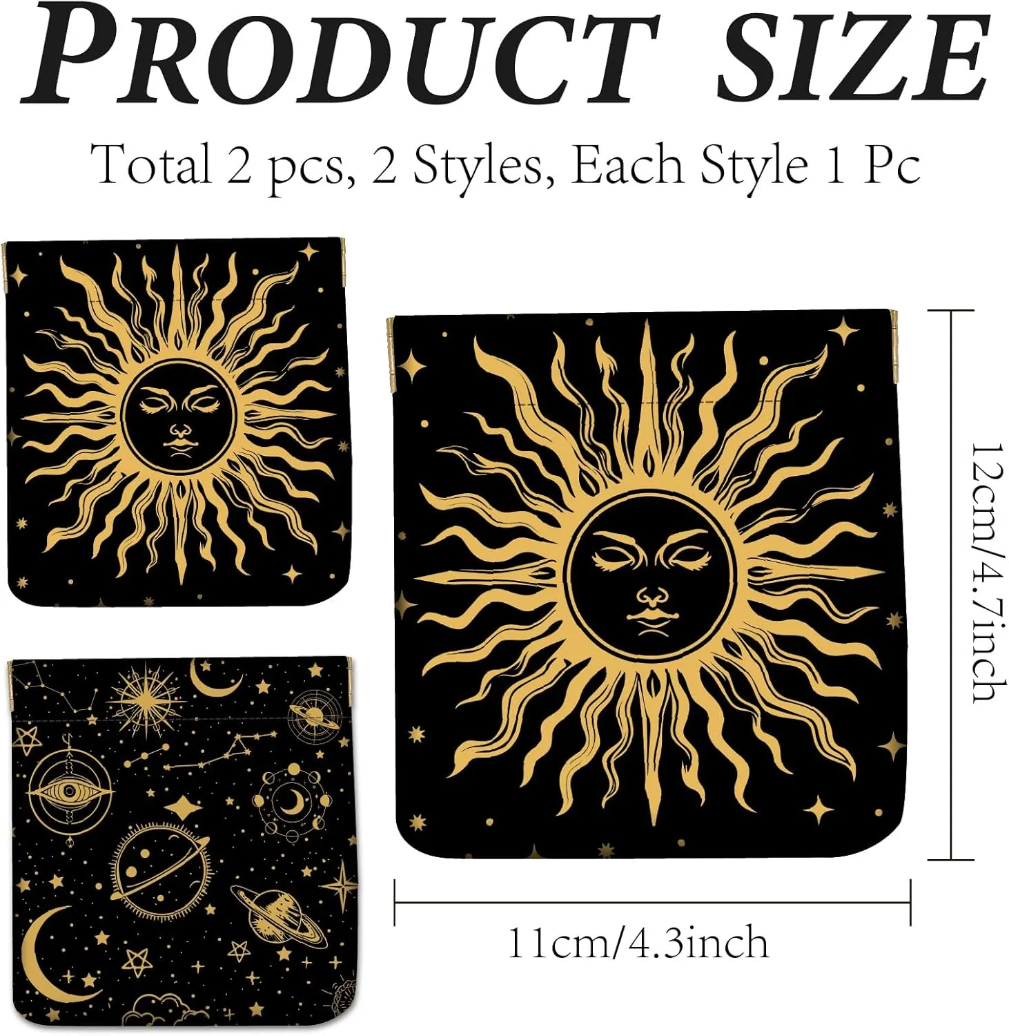 CREATCABIN 2Pcs Snap Closure Organizer Pouch Small Makeup Bag for Purse Portable Self-Closing Mini Travel Storage Pouches Tarot Sun Moon Black Waterproof PU Leather Cosmetic Bag for Women 4.3x4.7Inch