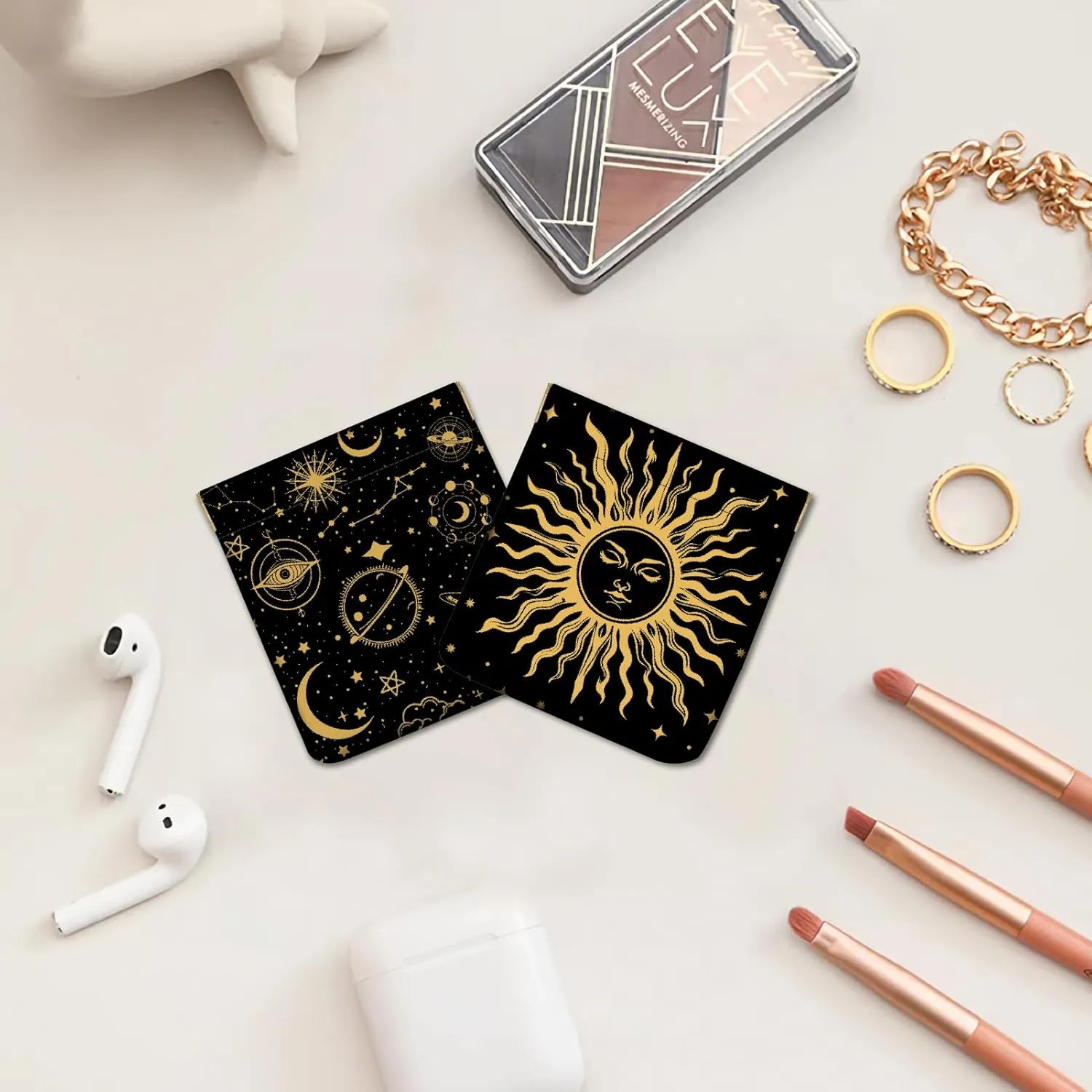 CREATCABIN 2Pcs Snap Closure Organizer Pouch Small Makeup Bag for Purse Portable Self-Closing Mini Travel Storage Pouches Tarot Sun Moon Black Waterproof PU Leather Cosmetic Bag for Women 4.3x4.7Inch