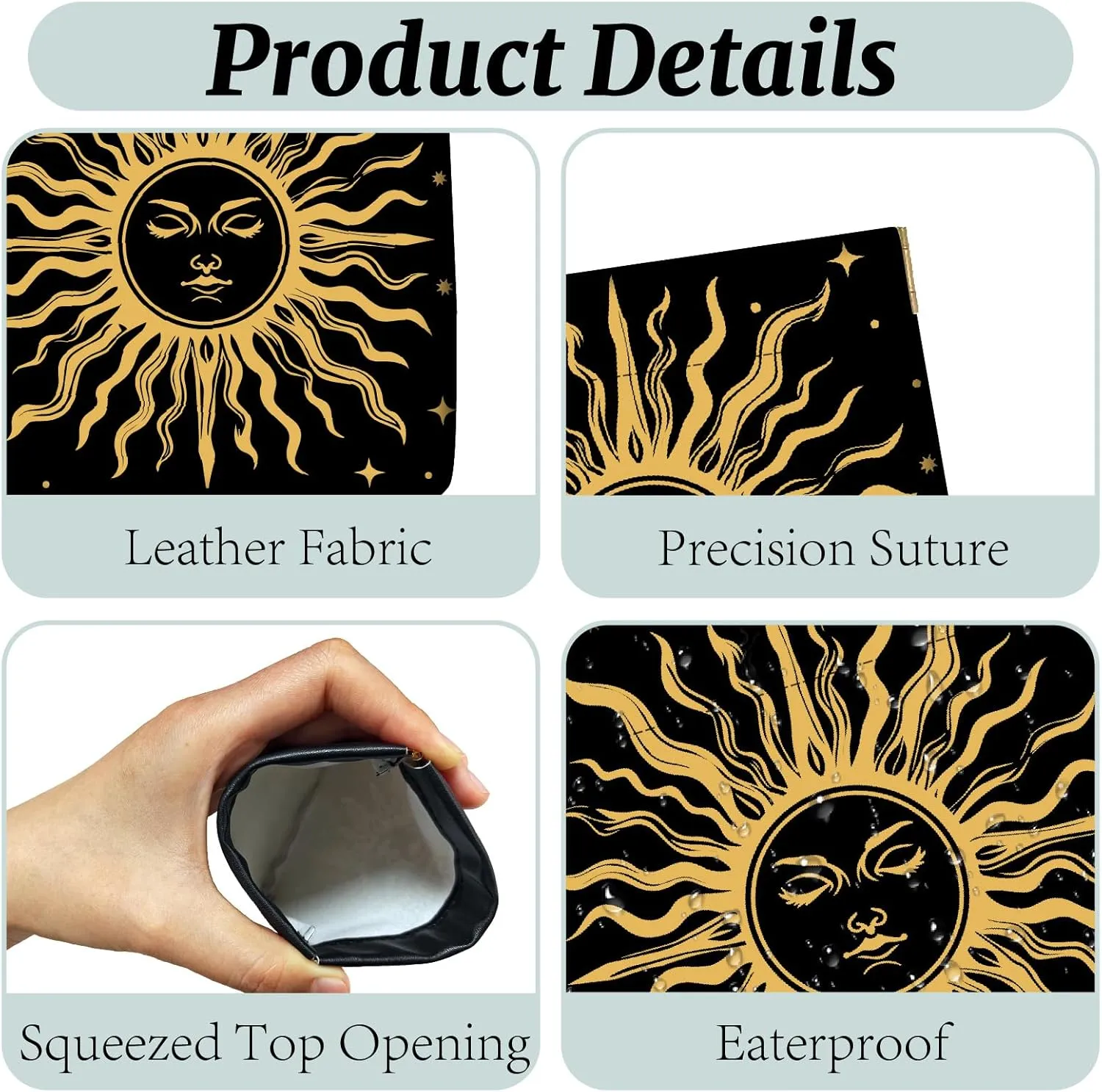CREATCABIN 2Pcs Snap Closure Organizer Pouch Small Makeup Bag for Purse Portable Self-Closing Mini Travel Storage Pouches Tarot Sun Moon Black Waterproof PU Leather Cosmetic Bag for Women 4.3x4.7Inch