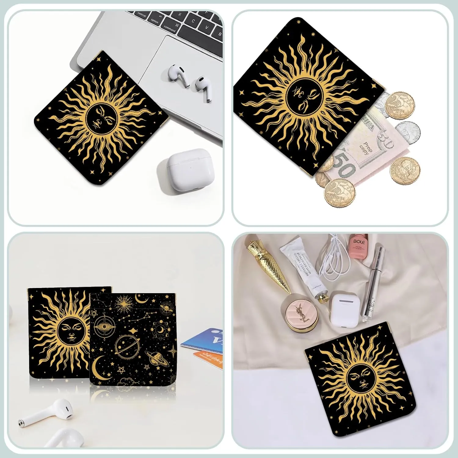 CREATCABIN 2Pcs Snap Closure Organizer Pouch Small Makeup Bag for Purse Portable Self-Closing Mini Travel Storage Pouches Tarot Sun Moon Black Waterproof PU Leather Cosmetic Bag for Women 4.3x4.7Inch