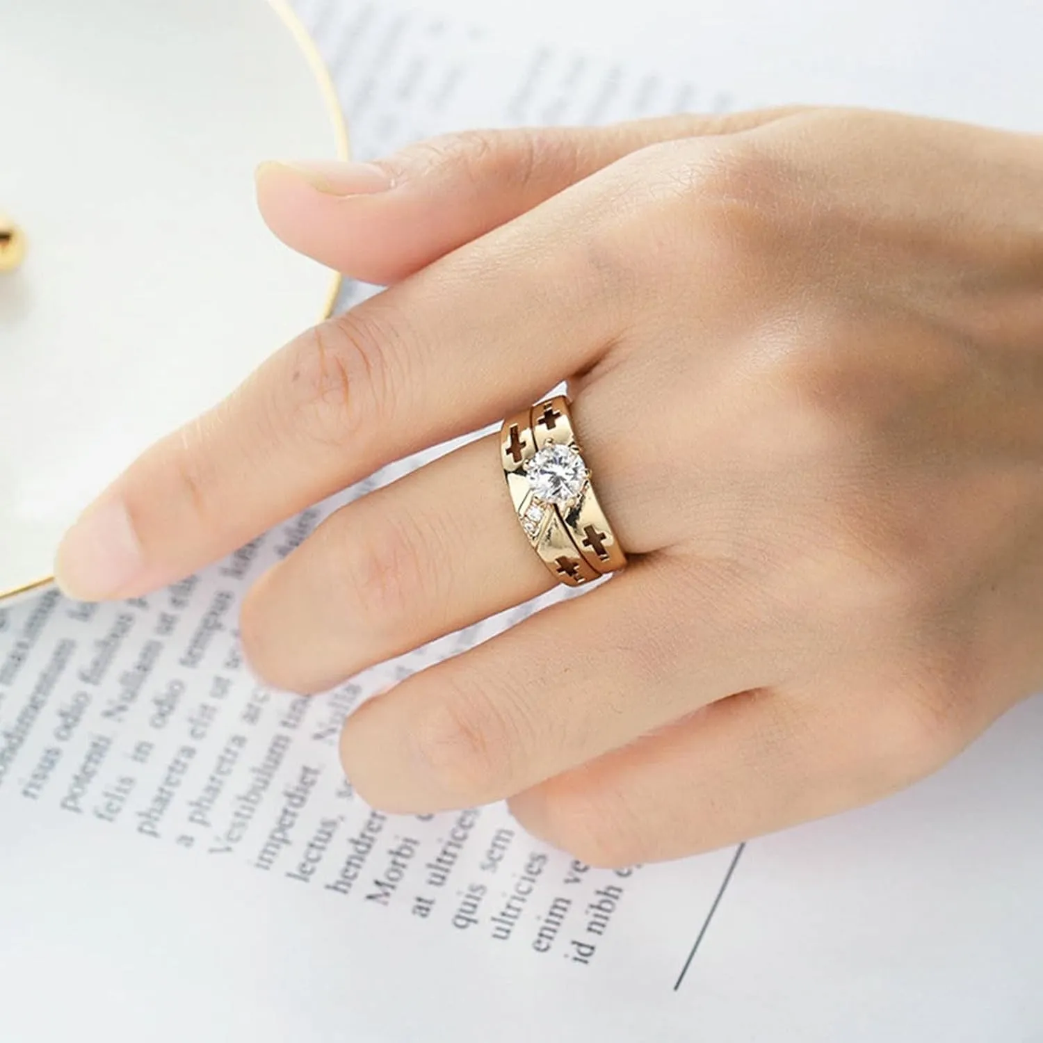 Cubic Zirconia Rings for Womens, Couple Rings King and Queen Gold Plated Two Ring Set Cross