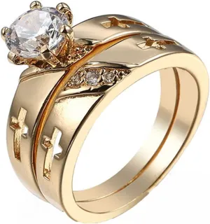 Cubic Zirconia Rings for Womens, Couple Rings King and Queen Gold Plated Two Ring Set Cross