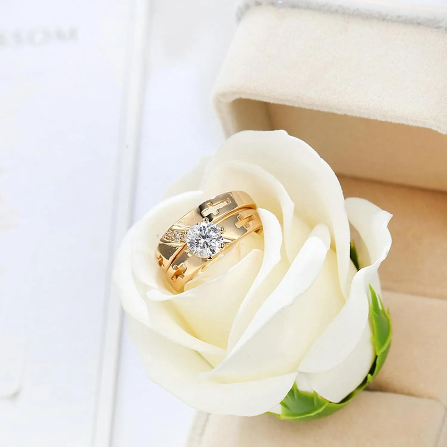 Cubic Zirconia Rings for Womens, Couple Rings King and Queen Gold Plated Two Ring Set Cross