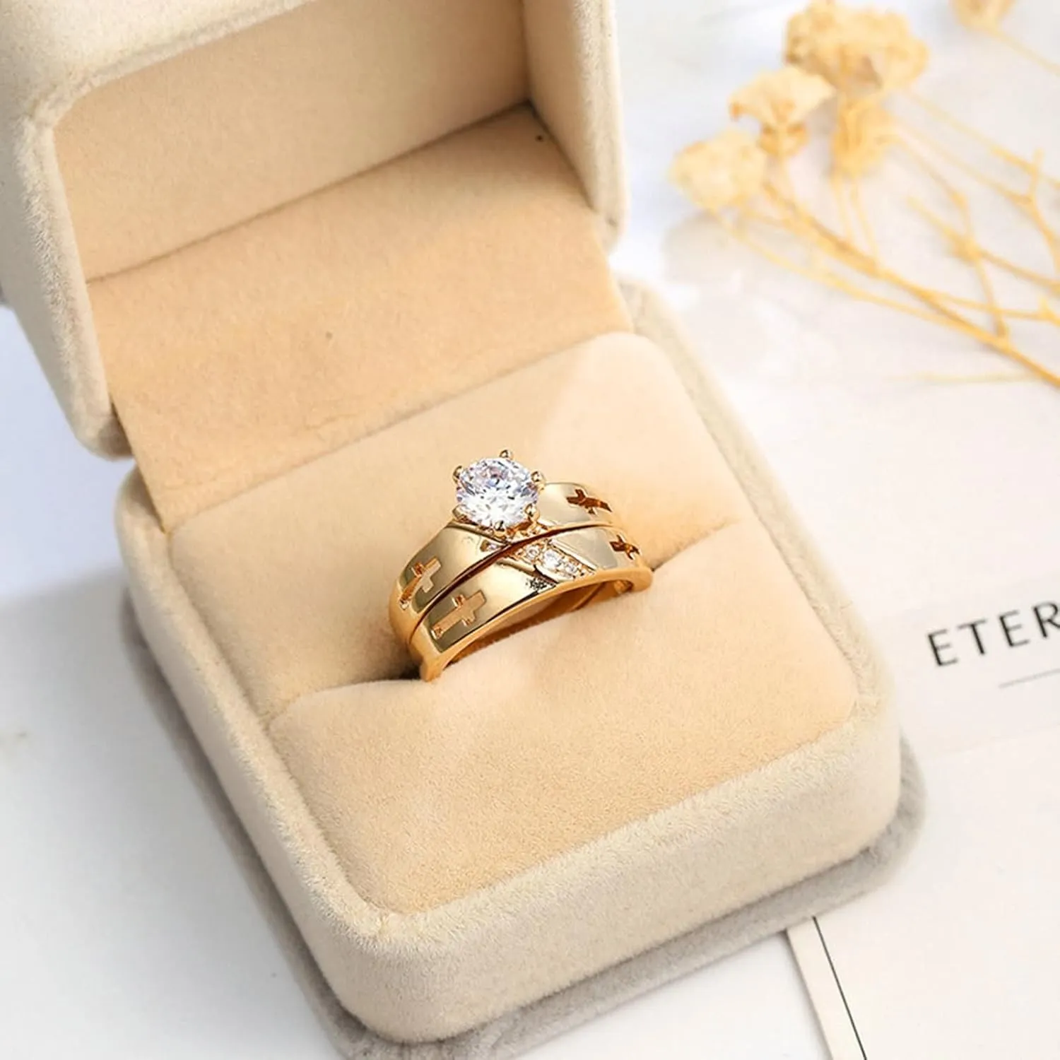 Cubic Zirconia Rings for Womens, Couple Rings King and Queen Gold Plated Two Ring Set Cross