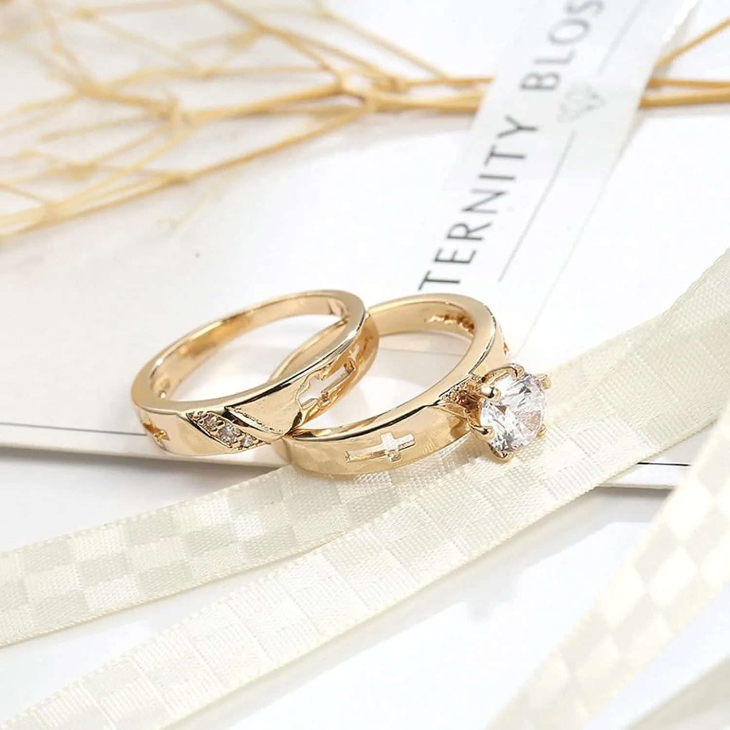 Cubic Zirconia Rings for Womens, Couple Rings King and Queen Gold Plated Two Ring Set Cross