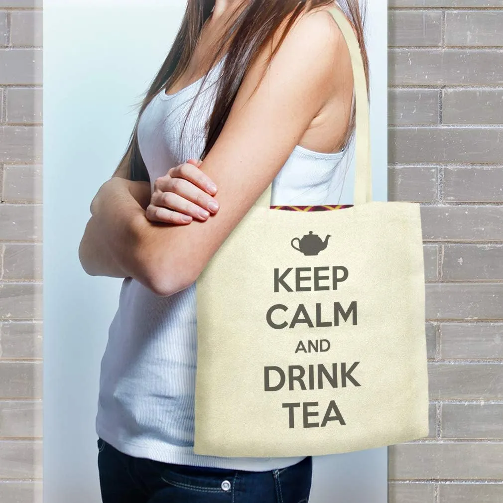 Custom Canvas Tote Shopping Bag Keep Calm and Drink Tea Text Image Inspiration & Motivation