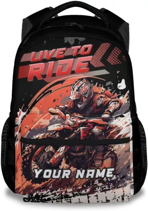 Custom Motorcycle Backpack for Boys, 17 Inch Cool Kindergarten Backpack with Adjustable Straps, Black Lightweight Durable Kids Bookbag for Kindergarten