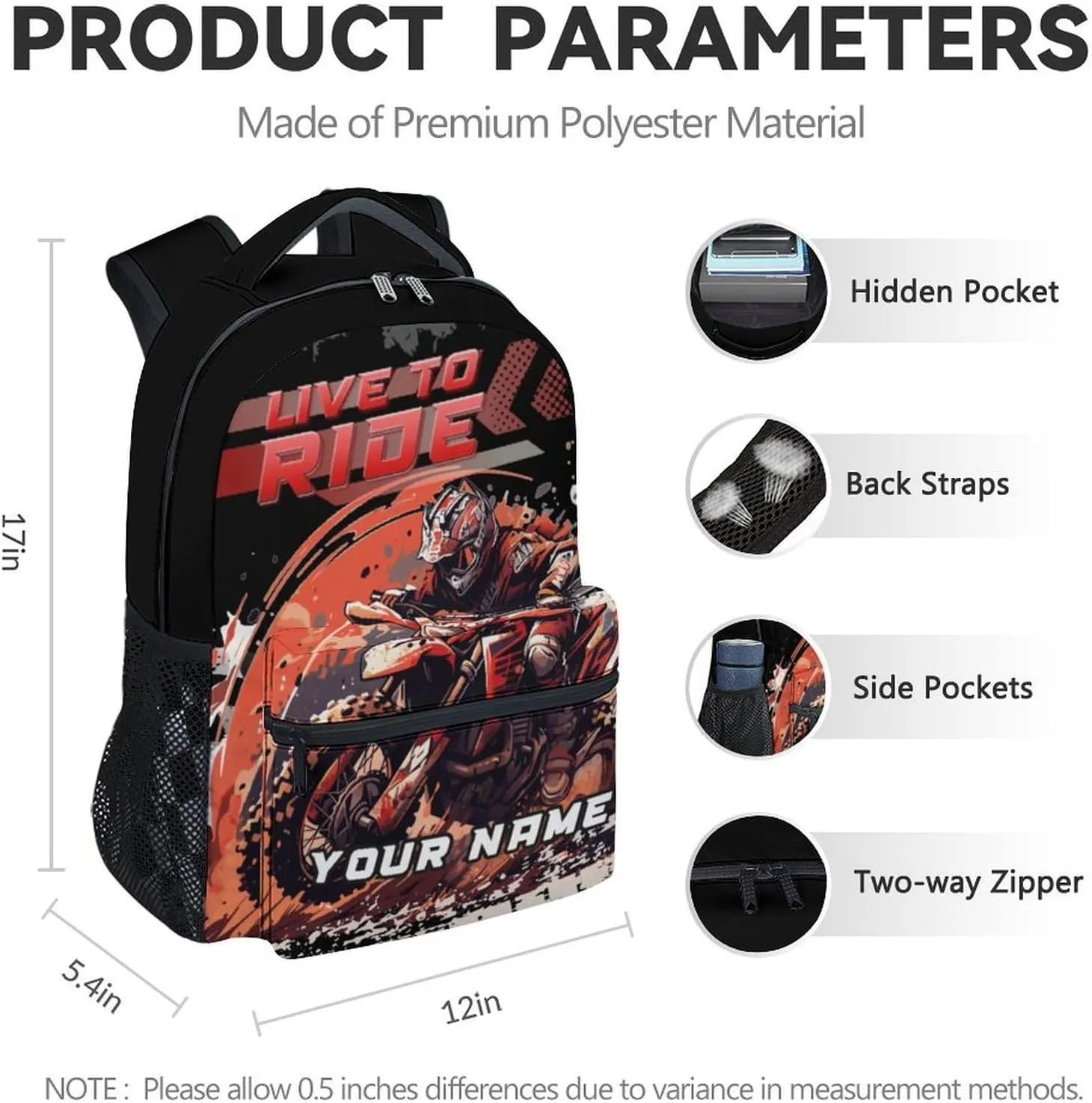Custom Motorcycle Backpack for Boys, 17 Inch Cool Kindergarten Backpack with Adjustable Straps, Black Lightweight Durable Kids Bookbag for Kindergarten