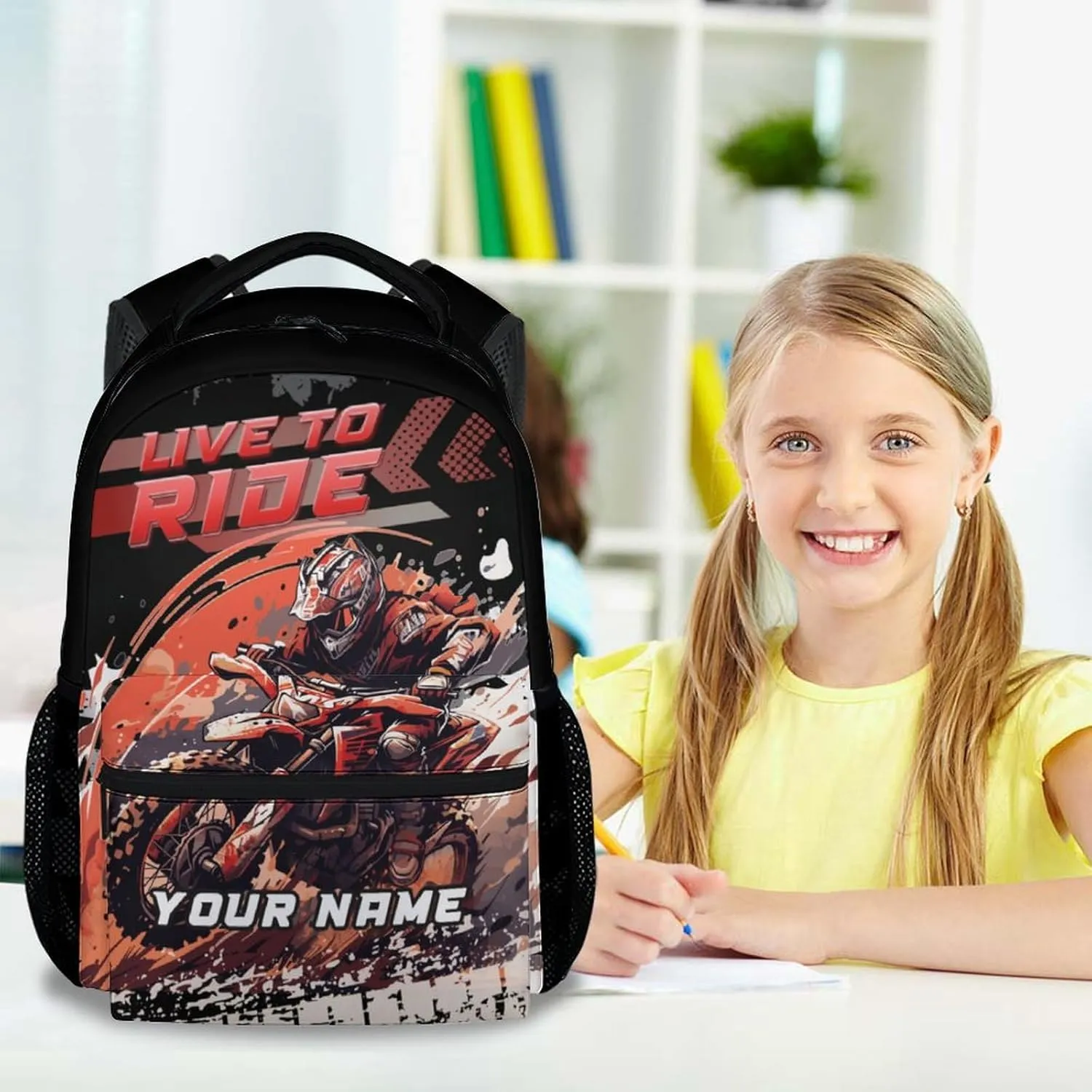 Custom Motorcycle Backpack for Boys, 17 Inch Cool Kindergarten Backpack with Adjustable Straps, Black Lightweight Durable Kids Bookbag for Kindergarten