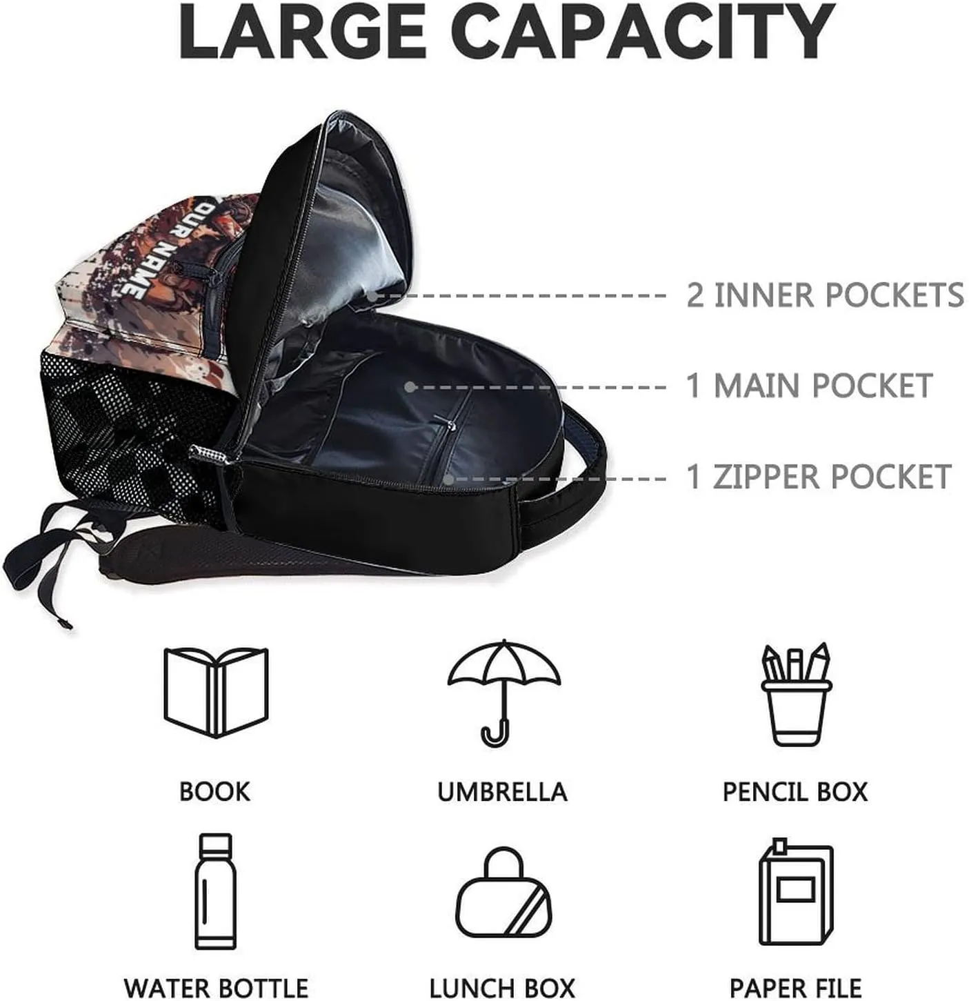 Custom Motorcycle Backpack for Boys, 17 Inch Cool Kindergarten Backpack with Adjustable Straps, Black Lightweight Durable Kids Bookbag for Kindergarten
