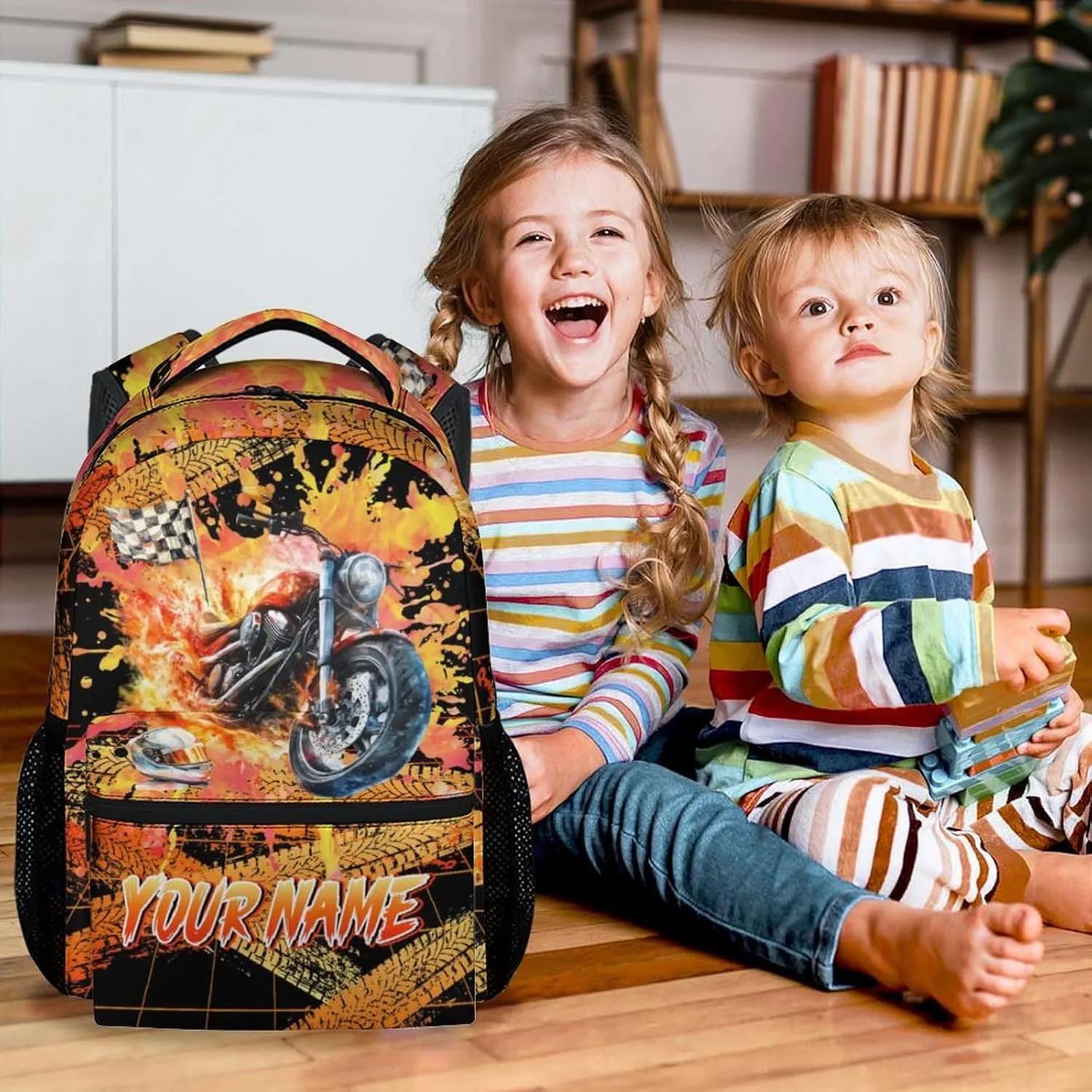 Custom Motorcycle Backpack for Kids - 17 Inch Large Capacity Cool Backpacks - Toddler Cars Backpacks for Boys
