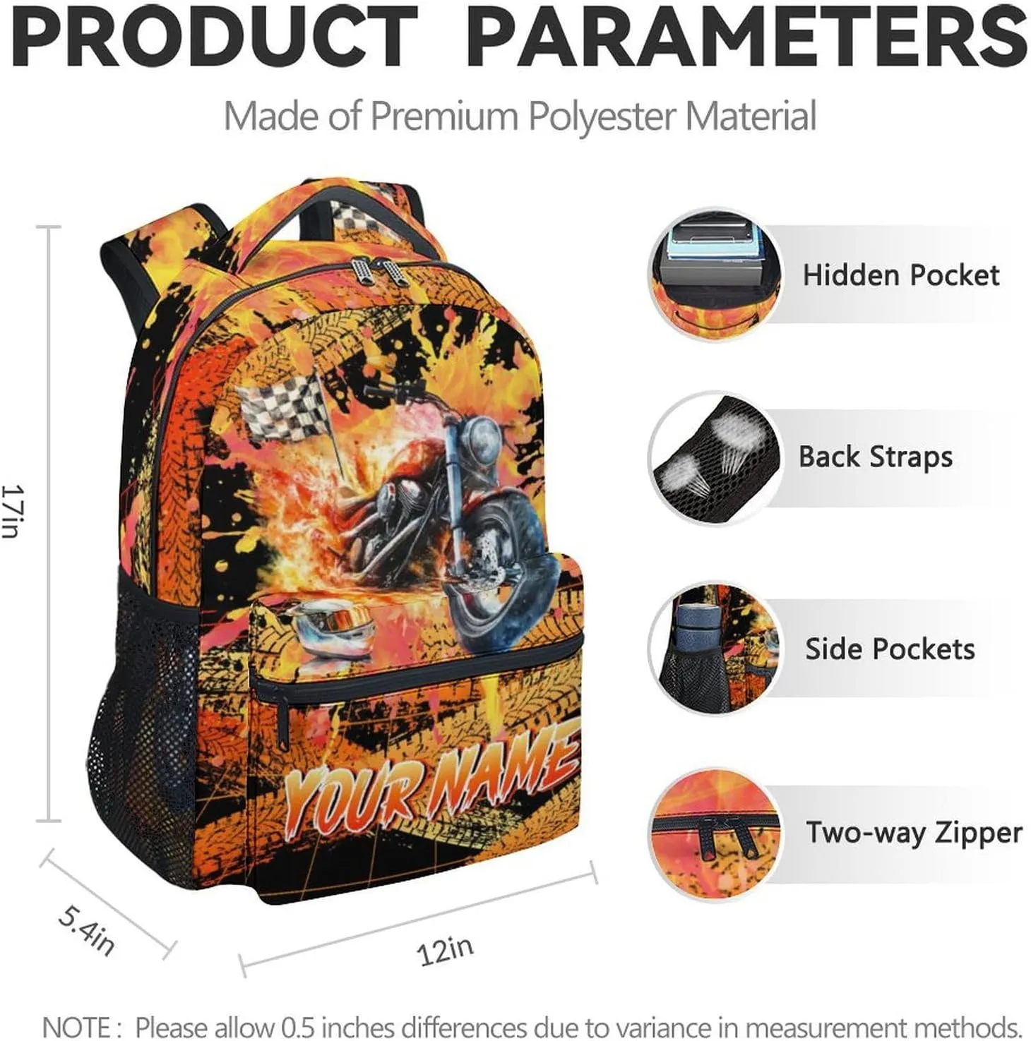 Custom Motorcycle Backpack for Kids - 17 Inch Large Capacity Cool Backpacks - Toddler Cars Backpacks for Boys