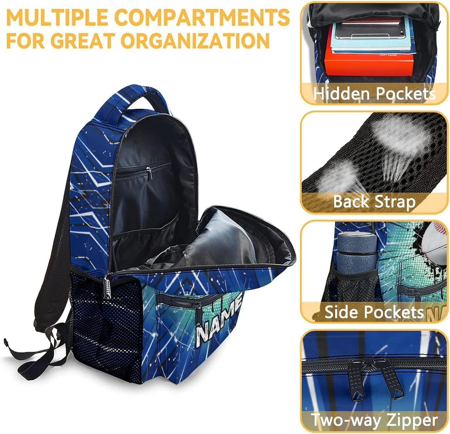 Custom School Backpack for Kids, Baseball Boys Backpacks, Personalized Cool Blue Backpacks for Students Age 6-8, Personalized Cute Lightweight Bookbag for Preschool Elementary