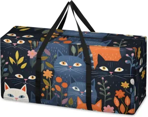 Cute Cat Extra Large Moving Bags Heavy Duty Storage Bags Flowers Cat Cloth Wrap Around Handles Double Zipper Reusable Convenient Foldable Storage Tote for Travel Camping Space Save