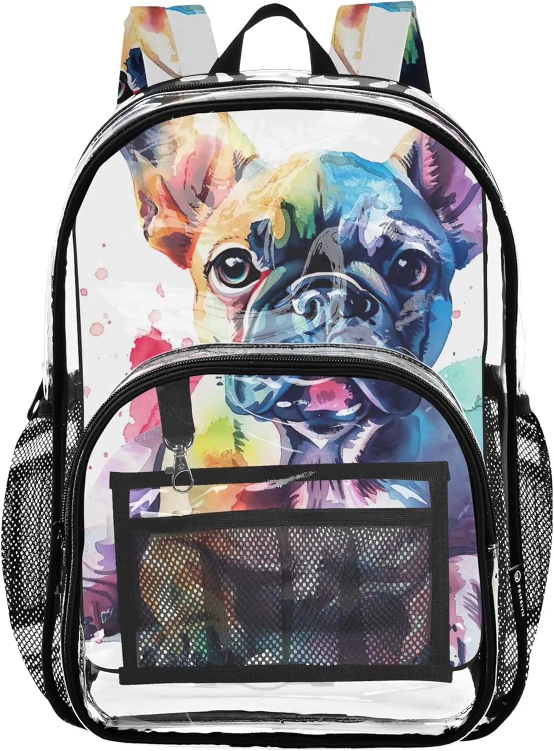 Cute Watercolor French Bulldog Travel Clear Bags for Women Girls Backpack for Kids See through Shoulder Bag