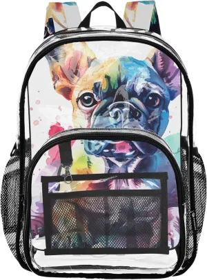 Cute Watercolor French Bulldog Travel Clear Bags for Women Girls Backpack for Kids See through Shoulder Bag