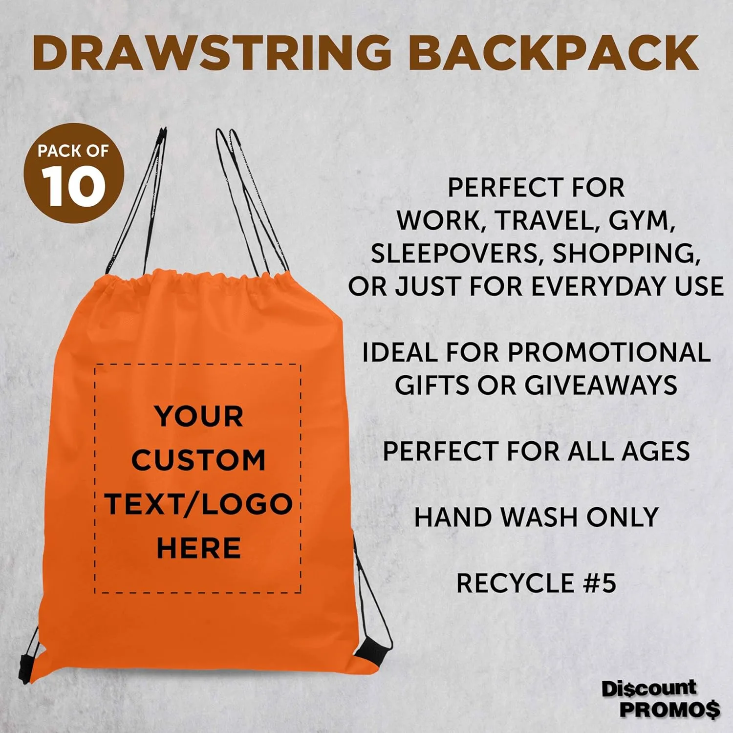 DISCOUNT PROMOS Custom Non-Woven Drawstring Backpacks Set of 10, Personalized Bulk Pack - Bring Everywhere You Go, Great for Travelling, Gym and for Everyday Use - Orange