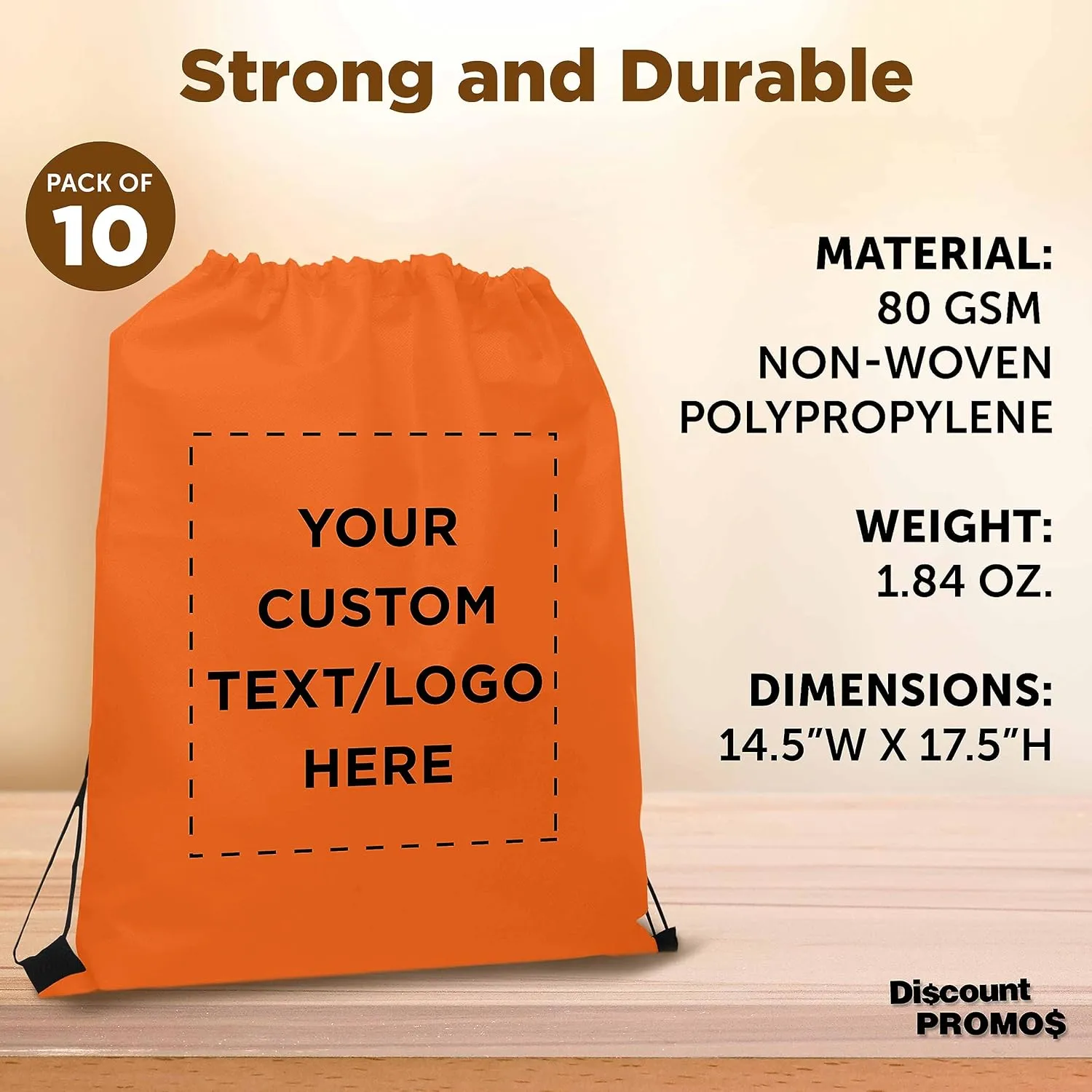 DISCOUNT PROMOS Custom Non-Woven Drawstring Backpacks Set of 10, Personalized Bulk Pack - Bring Everywhere You Go, Great for Travelling, Gym and for Everyday Use - Orange