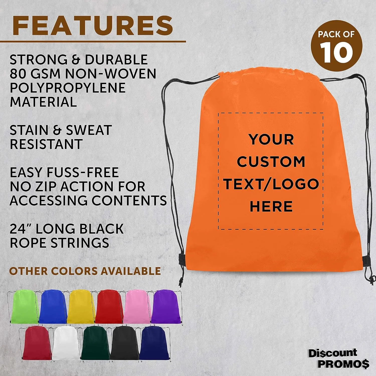 DISCOUNT PROMOS Custom Non-Woven Drawstring Backpacks Set of 10, Personalized Bulk Pack - Bring Everywhere You Go, Great for Travelling, Gym and for Everyday Use - Orange