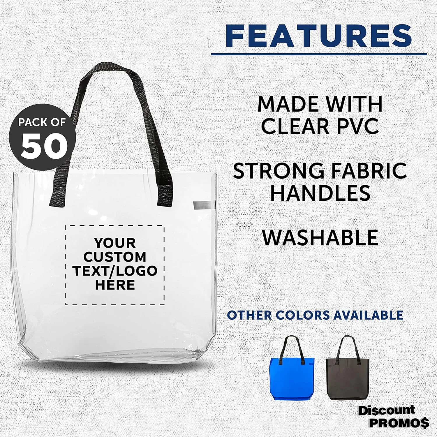 DISCOUNT PROMOS Custom Savanna Clear Plastic Tote Bags Set of 50, Personalized Bulk Pack - Perfect for Employees, Students, And For Everyday Use - Clear