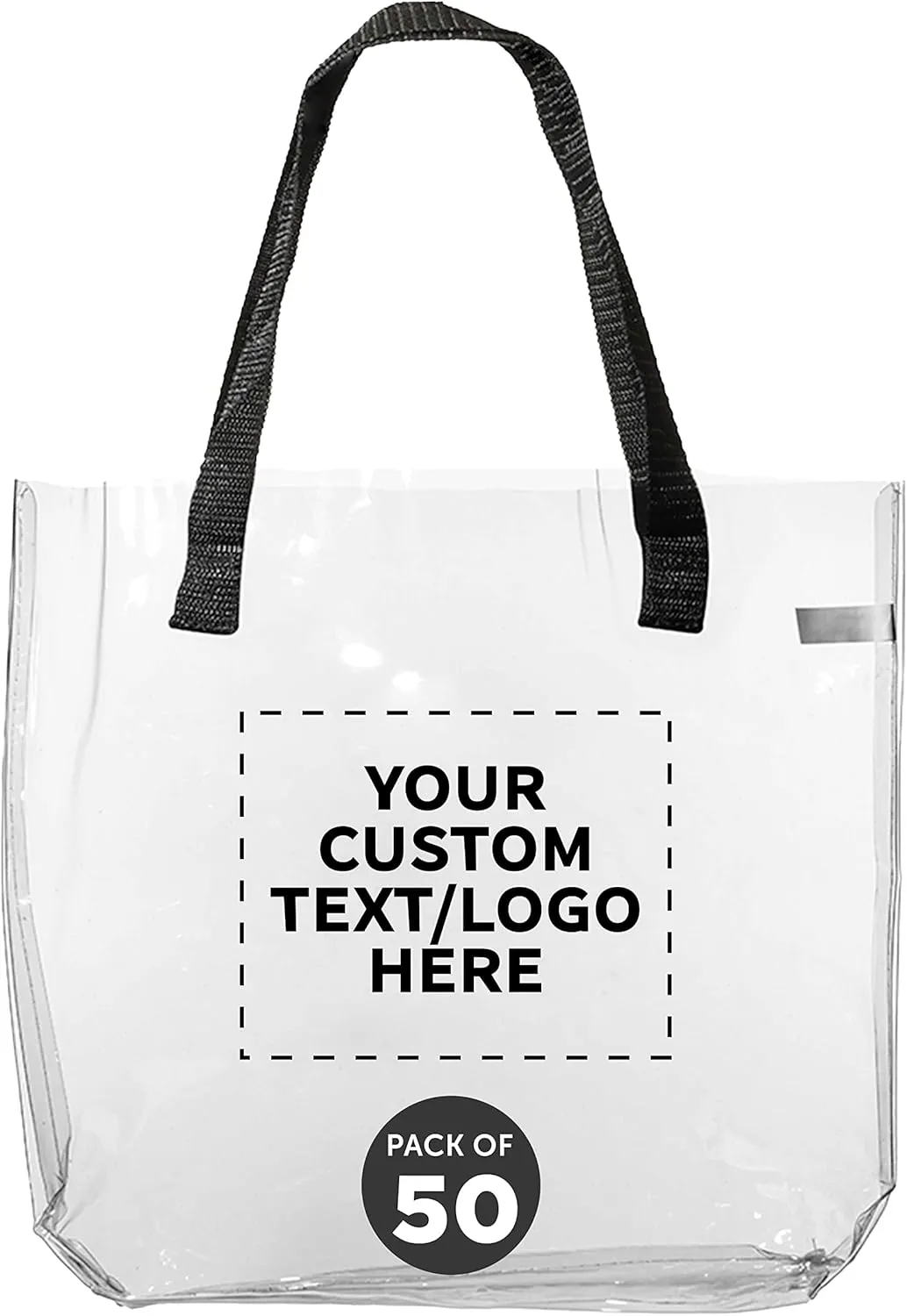 DISCOUNT PROMOS Custom Savanna Clear Plastic Tote Bags Set of 50, Personalized Bulk Pack - Perfect for Employees, Students, And For Everyday Use - Clear