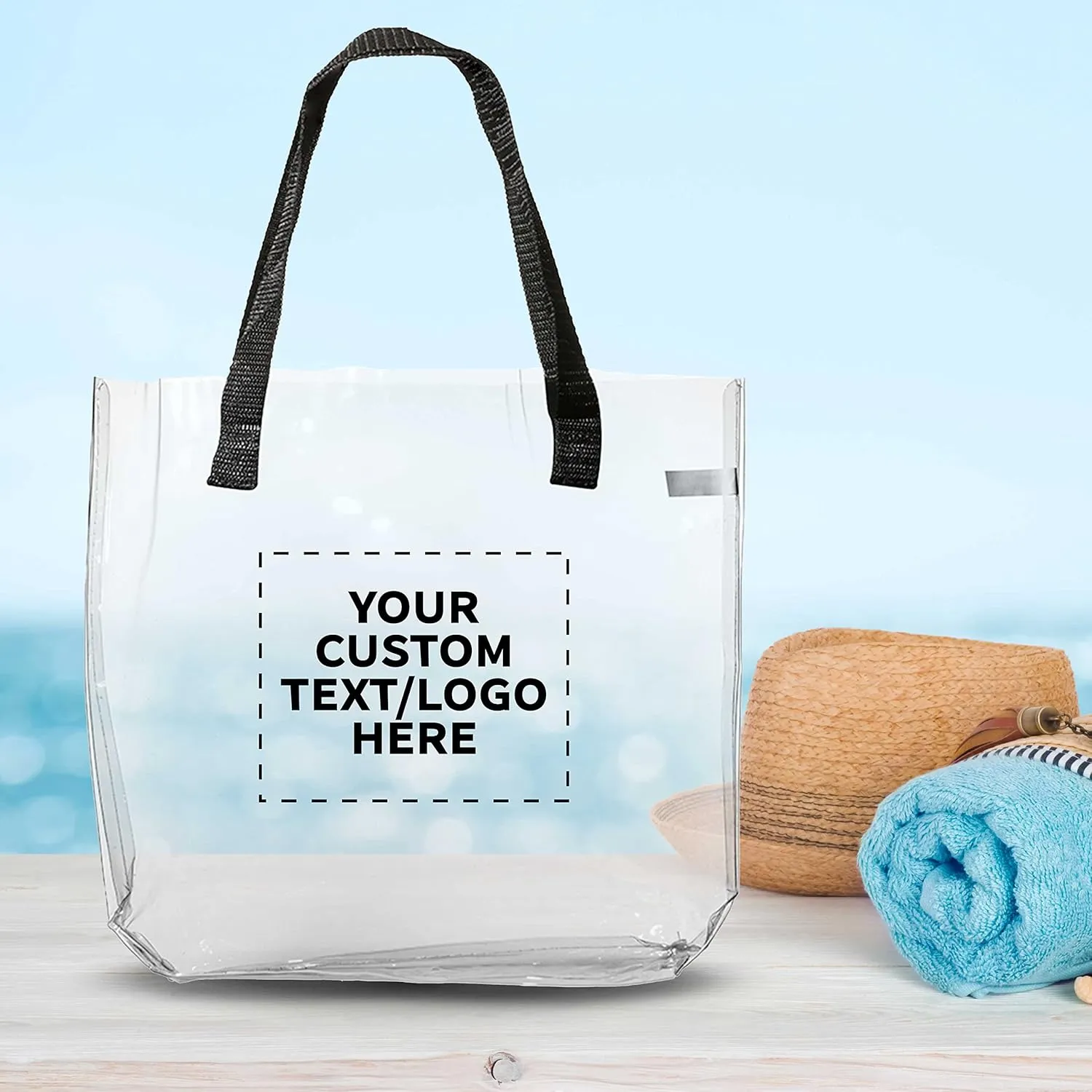 DISCOUNT PROMOS Custom Savanna Clear Plastic Tote Bags Set of 50, Personalized Bulk Pack - Perfect for Employees, Students, And For Everyday Use - Clear