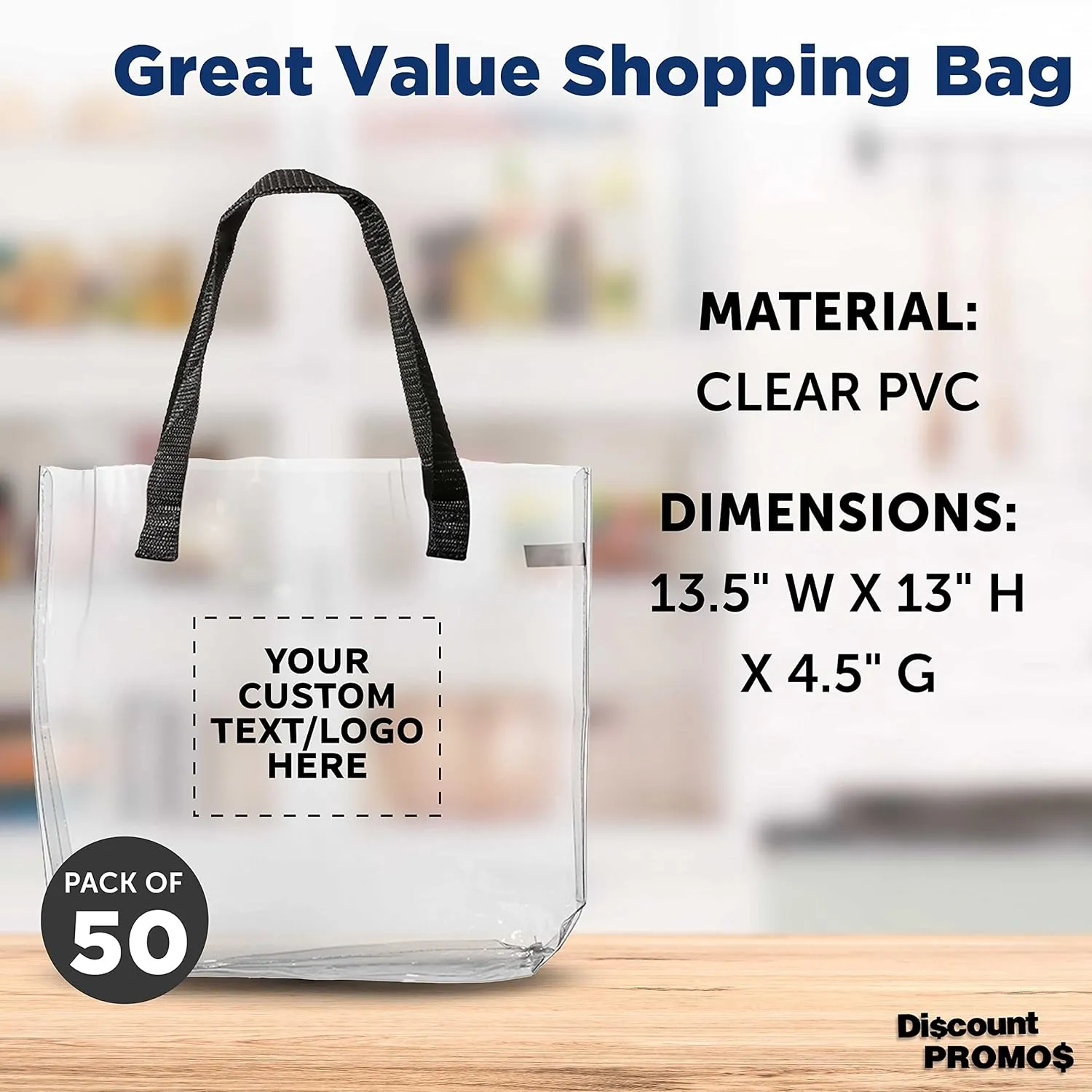 DISCOUNT PROMOS Custom Savanna Clear Plastic Tote Bags Set of 50, Personalized Bulk Pack - Perfect for Employees, Students, And For Everyday Use - Clear