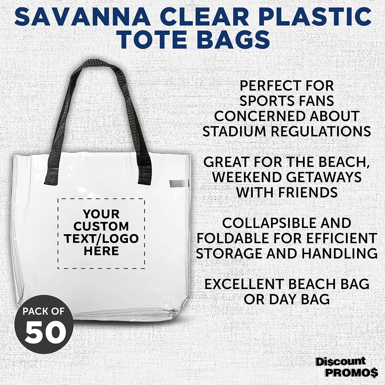 DISCOUNT PROMOS Custom Savanna Clear Plastic Tote Bags Set of 50, Personalized Bulk Pack - Perfect for Employees, Students, And For Everyday Use - Clear