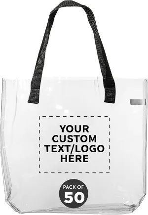 DISCOUNT PROMOS Custom Savanna Clear Plastic Tote Bags Set of 50, Personalized Bulk Pack - Perfect for Employees, Students, And For Everyday Use - Clear