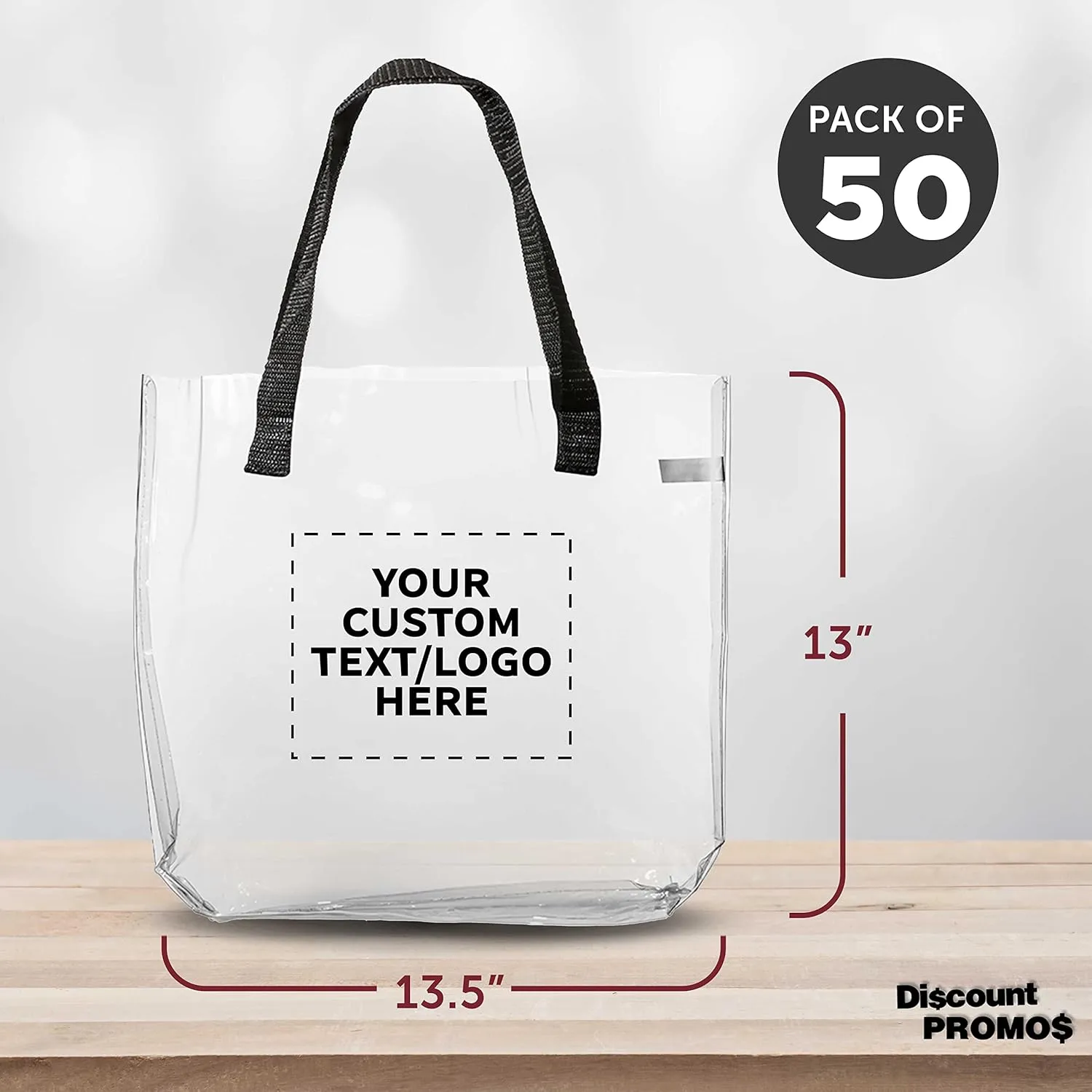 DISCOUNT PROMOS Custom Savanna Clear Plastic Tote Bags Set of 50, Personalized Bulk Pack - Perfect for Employees, Students, And For Everyday Use - Clear
