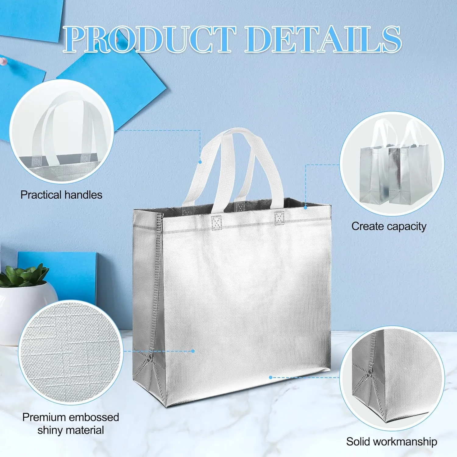 Eccliy 60 Pcs Reusable Gift Tote Bags Cna Week Gifts 2025 Grocery Shopping Bag with Handles Thank You for Bridesmaid Wedding(Silver)