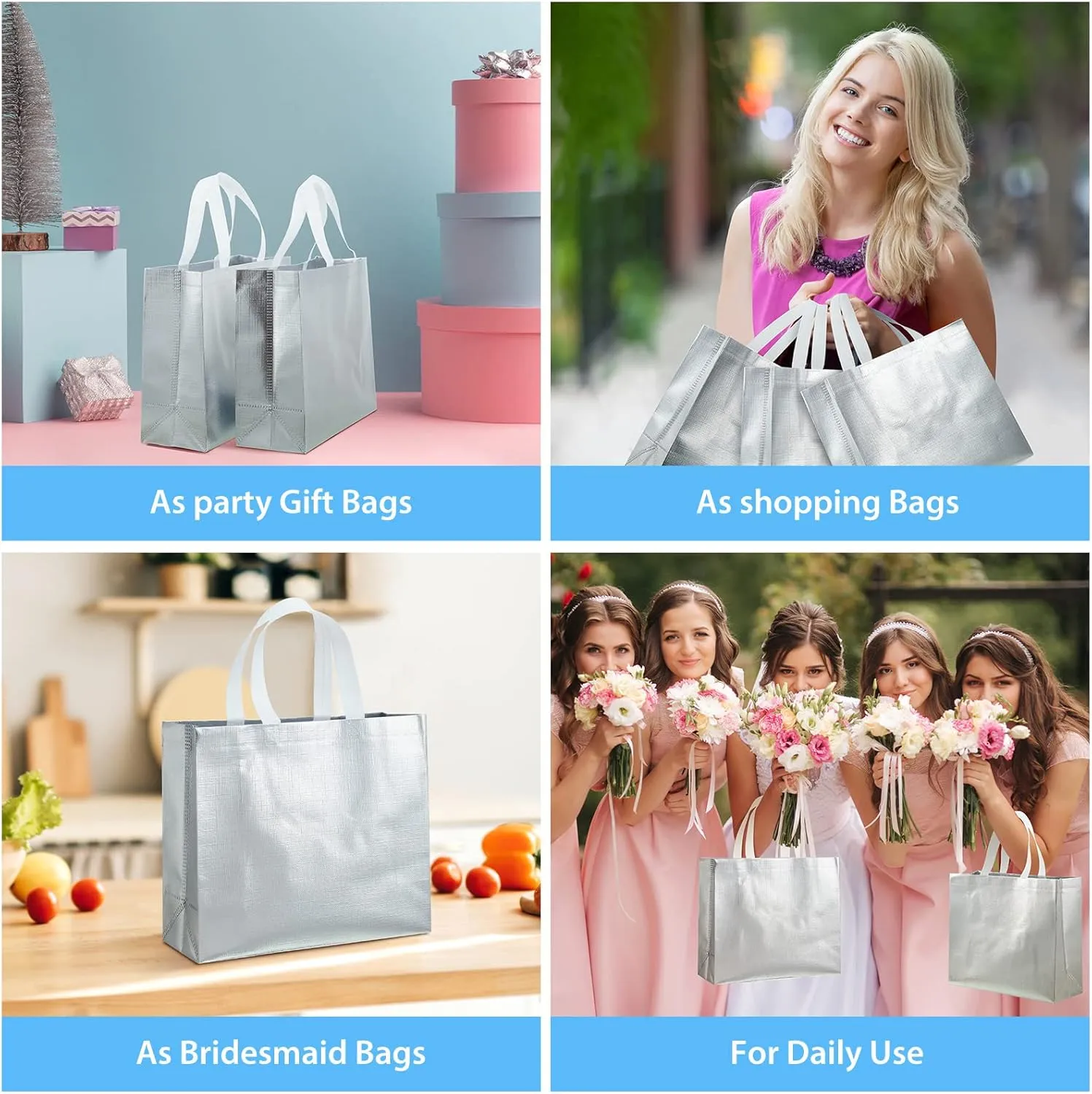 Eccliy 60 Pcs Reusable Gift Tote Bags Cna Week Gifts 2025 Grocery Shopping Bag with Handles Thank You for Bridesmaid Wedding(Silver)