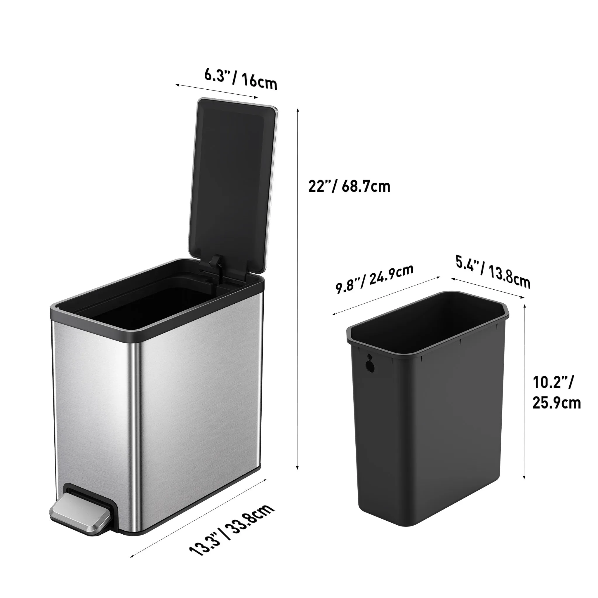 EcoCasa II Slim Step Can with Liner – 6L / 1.6 Gal - Stainless Steel
