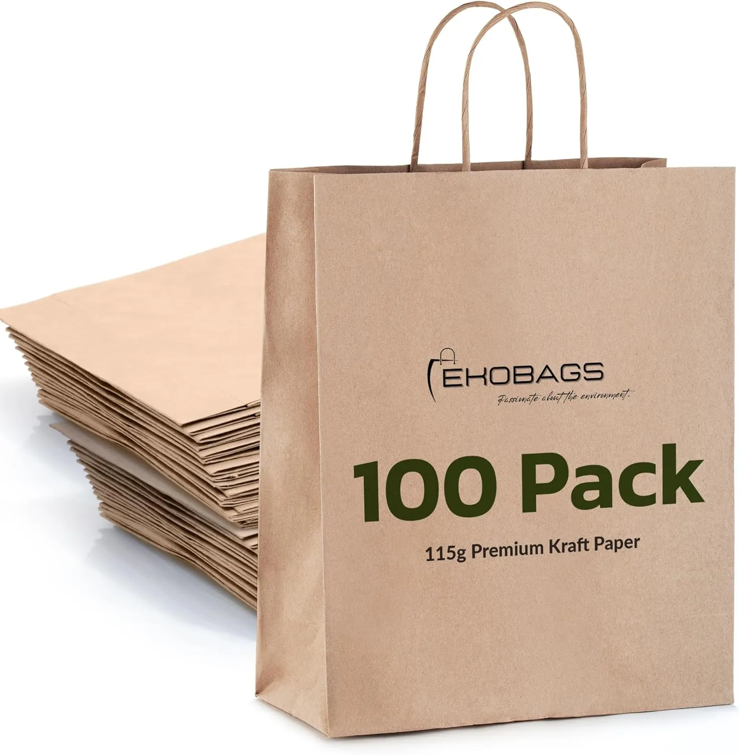 EKOBAGS: Nobelle Kraft Paper Gift Bags with Handles | Sturdy Brown Paper Bags Bulk for Retail, Shopping, Party Favors & Small Business | 100% Recyclable & Sustainable | 10x5x13 inches, 100-Pack