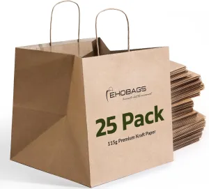 EKOBAGS Sienna Kraft Paper Gift Bags with Handles | Sturdy Brown Paper Bags Bulk for Retail, Shopping, Party Favors & Small Business | 100% Recyclable & Sustainable | 12x8x13 inches, 25-Pack