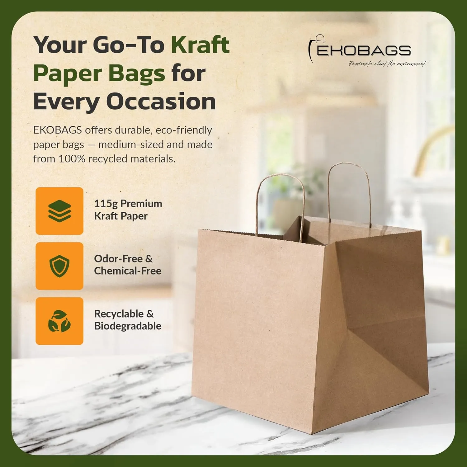 EKOBAGS Sienna Kraft Paper Gift Bags with Handles | Sturdy Brown Paper Bags Bulk for Retail, Shopping, Party Favors & Small Business | 100% Recyclable & Sustainable | 12x8x13 inches, 25-Pack