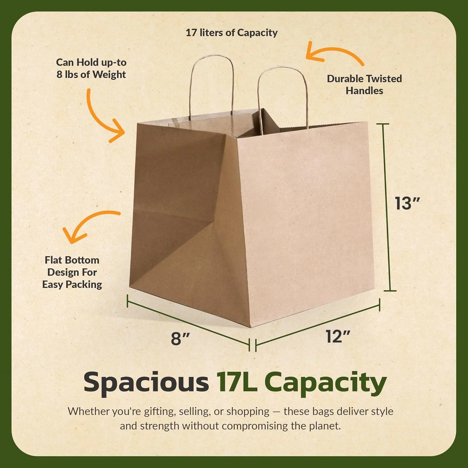 EKOBAGS Sienna Kraft Paper Gift Bags with Handles | Sturdy Brown Paper Bags Bulk for Retail, Shopping, Party Favors & Small Business | 100% Recyclable & Sustainable | 12x8x13 inches, 25-Pack