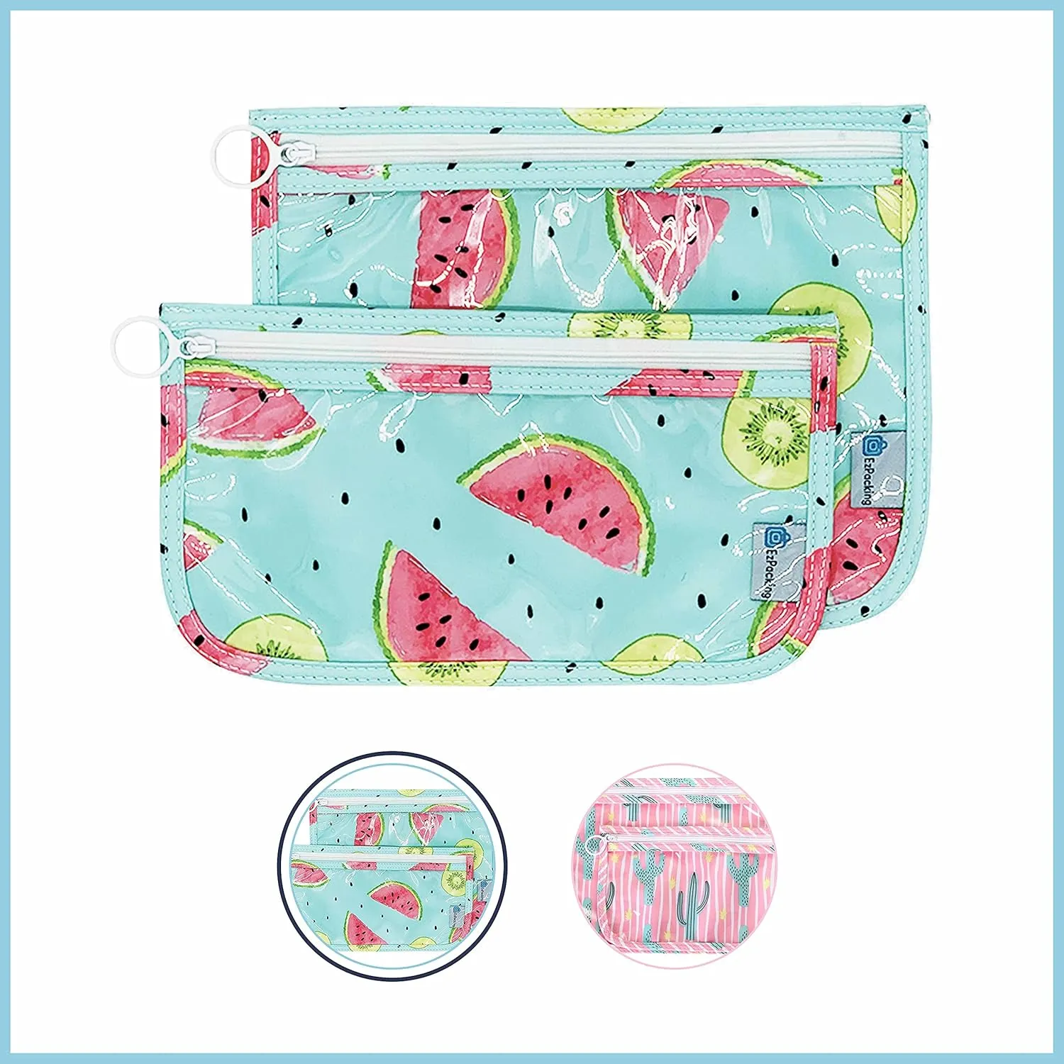 EzPacking Clear Zipper Pouches (Set of 2) / Transparent Reusable PVC Organizers for Womens Purse or Tote Bag/Cute Slim Flat Japanese Style Watermelon Cactus Pencil Pouch for Travel (Watermelon)