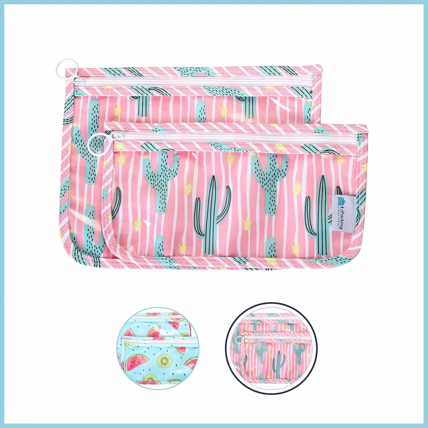 EzPacking Clear Zipper Pouches (Set of 2) / Transparent Reusable PVC Organizers for Womens Purse or Tote Bag/Cute Slim Flat Japanese Style Watermelon Cactus Pouch for Travel (Cactus)