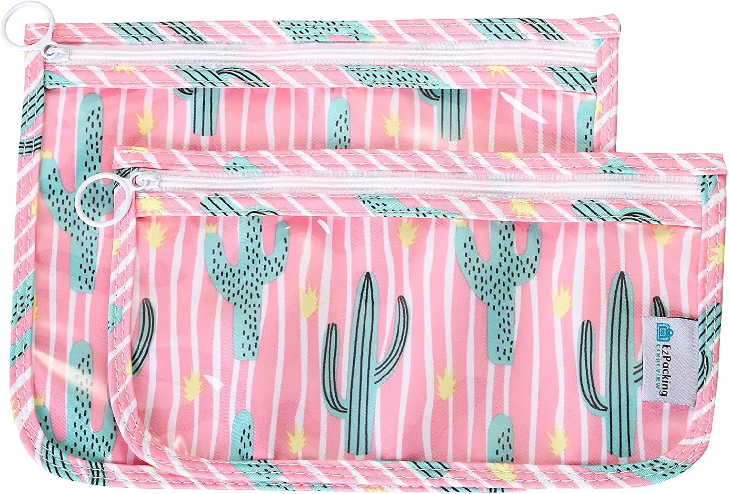EzPacking Clear Zipper Pouches (Set of 2) / Transparent Reusable PVC Organizers for Womens Purse or Tote Bag/Cute Slim Flat Japanese Style Watermelon Cactus Pouch for Travel (Cactus)